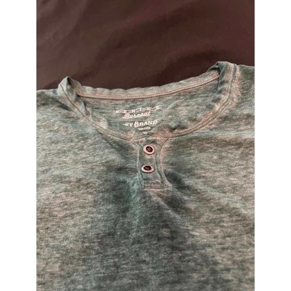 Lucky Brand Venice Burnout Henley Shirt Mens XXL Green Short Sleeve Tee